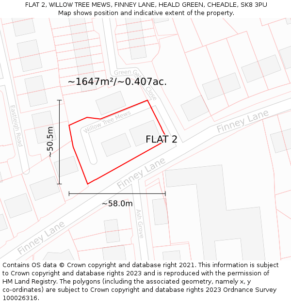FLAT 2, WILLOW TREE MEWS, FINNEY LANE, HEALD GREEN, CHEADLE, SK8 3PU: Plot and title map