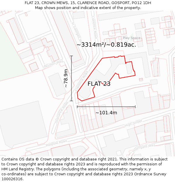 FLAT 23, CROWN MEWS, 15, CLARENCE ROAD, GOSPORT, PO12 1DH: Plot and title map