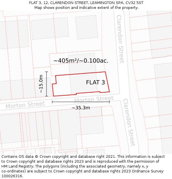 FLAT 3, 12, CLARENDON STREET, LEAMINGTON SPA, CV32 5ST: Plot and title map