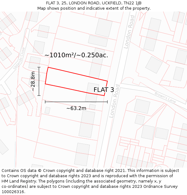 FLAT 3, 25, LONDON ROAD, UCKFIELD, TN22 1JB: Plot and title map