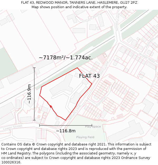 FLAT 43, REDWOOD MANOR, TANNERS LANE, HASLEMERE, GU27 2PZ: Plot and title map