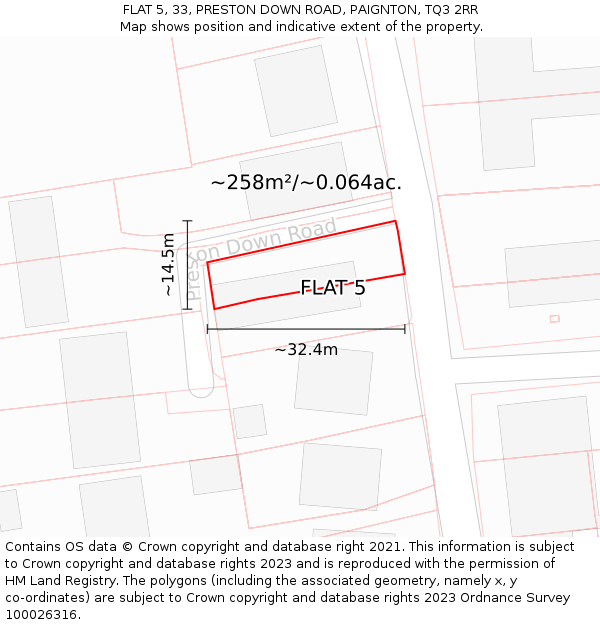 FLAT 5, 33, PRESTON DOWN ROAD, PAIGNTON, TQ3 2RR: Plot and title map