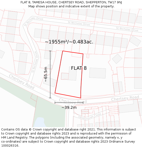 FLAT 8, TAMESA HOUSE, CHERTSEY ROAD, SHEPPERTON, TW17 9NJ: Plot and title map