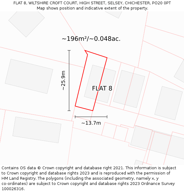 FLAT 8, WILTSHIRE CROFT COURT, HIGH STREET, SELSEY, CHICHESTER, PO20 0PT: Plot and title map