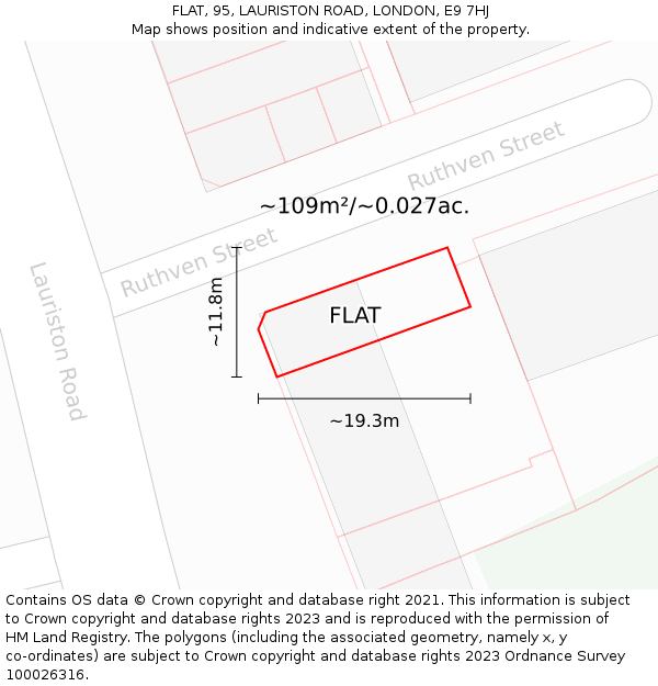 FLAT, 95, LAURISTON ROAD, LONDON, E9 7HJ: Plot and title map