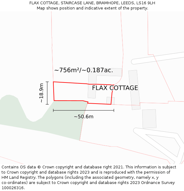 FLAX COTTAGE, STAIRCASE LANE, BRAMHOPE, LEEDS, LS16 9LH: Plot and title map