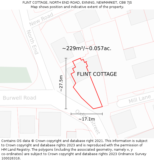 FLINT COTTAGE, NORTH END ROAD, EXNING, NEWMARKET, CB8 7JS: Plot and title map