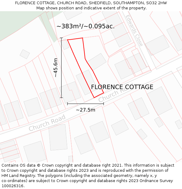 FLORENCE COTTAGE, CHURCH ROAD, SHEDFIELD, SOUTHAMPTON, SO32 2HW: Plot and title map