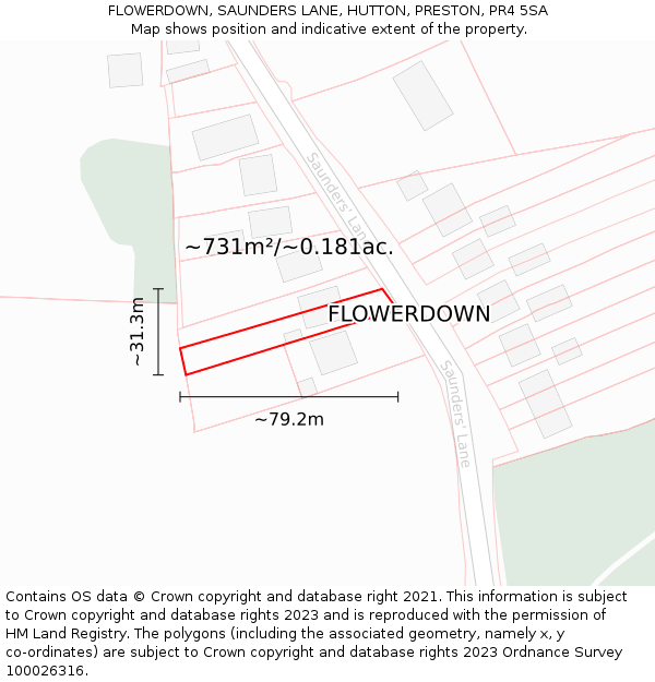 FLOWERDOWN, SAUNDERS LANE, HUTTON, PRESTON, PR4 5SA: Plot and title map