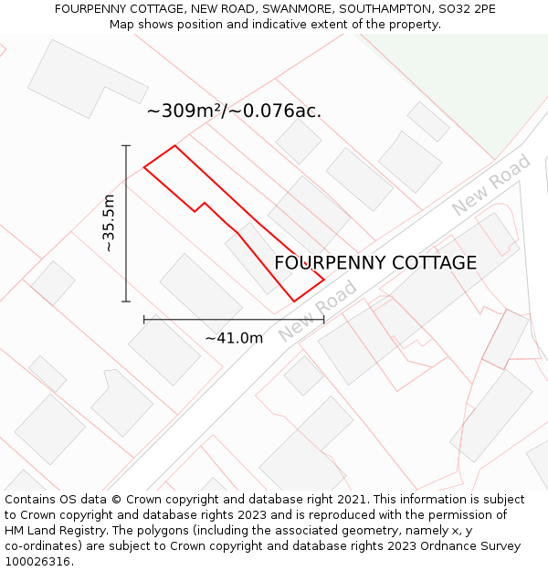 FOURPENNY COTTAGE, NEW ROAD, SWANMORE, SOUTHAMPTON, SO32 2PE: Plot and title map