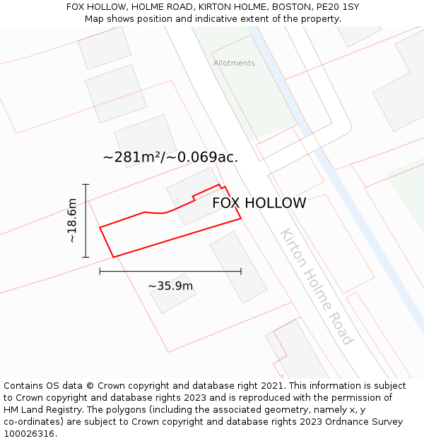 FOX HOLLOW, HOLME ROAD, KIRTON HOLME, BOSTON, PE20 1SY: Plot and title map