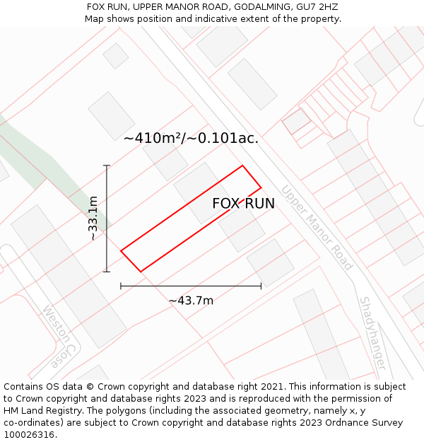 FOX RUN, UPPER MANOR ROAD, GODALMING, GU7 2HZ: Plot and title map