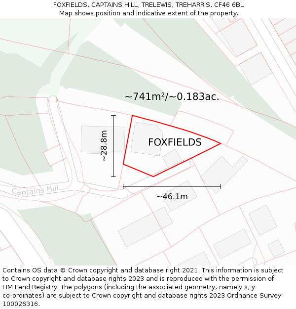 FOXFIELDS, CAPTAINS HILL, TRELEWIS, TREHARRIS, CF46 6BL: Plot and title map