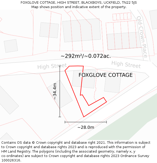 FOXGLOVE COTTAGE, HIGH STREET, BLACKBOYS, UCKFIELD, TN22 5JS: Plot and title map