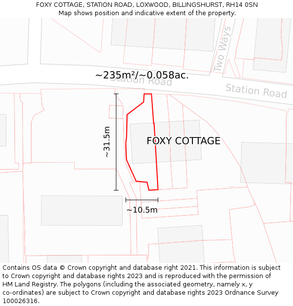 FOXY COTTAGE, STATION ROAD, LOXWOOD, BILLINGSHURST, RH14 0SN: Plot and title map