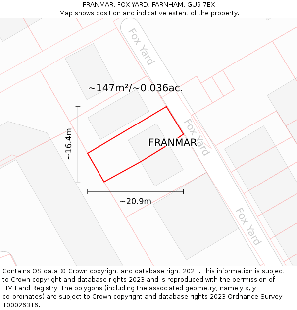 FRANMAR, FOX YARD, FARNHAM, GU9 7EX: Plot and title map