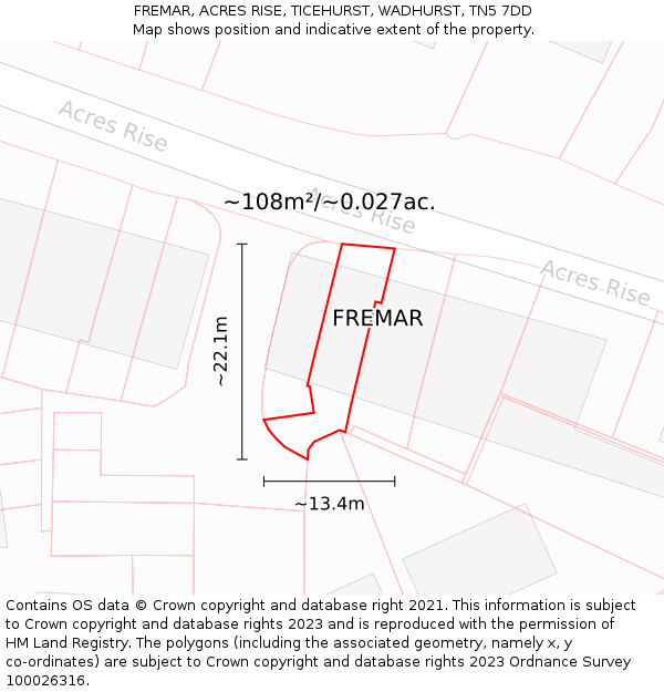 FREMAR, ACRES RISE, TICEHURST, WADHURST, TN5 7DD: Plot and title map