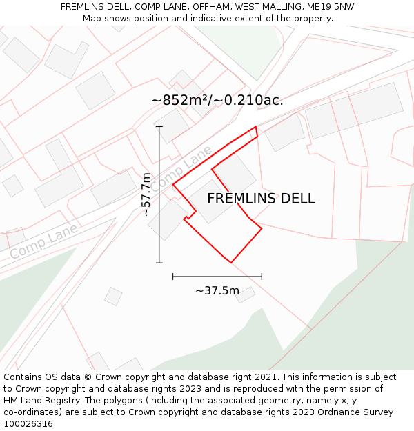FREMLINS DELL, COMP LANE, OFFHAM, WEST MALLING, ME19 5NW: Plot and title map