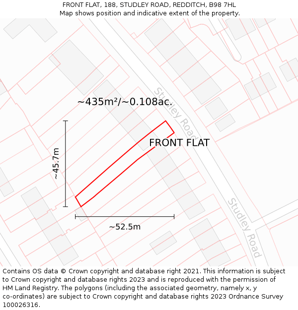 FRONT FLAT, 188, STUDLEY ROAD, REDDITCH, B98 7HL: Plot and title map
