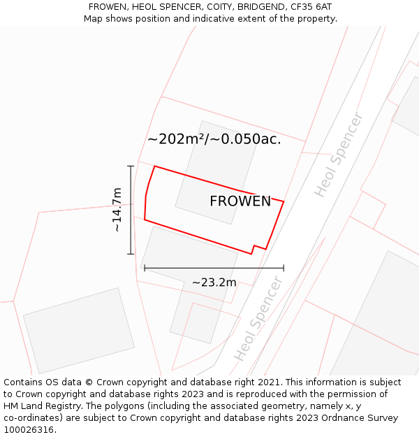 FROWEN, HEOL SPENCER, COITY, BRIDGEND, CF35 6AT: Plot and title map