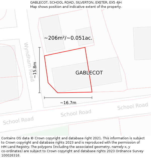 GABLECOT, SCHOOL ROAD, SILVERTON, EXETER, EX5 4JH: Plot and title map