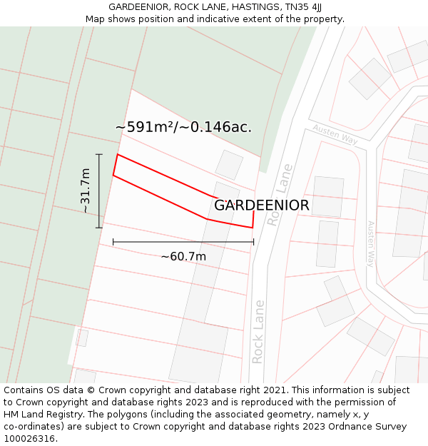 GARDEENIOR, ROCK LANE, HASTINGS, TN35 4JJ: Plot and title map