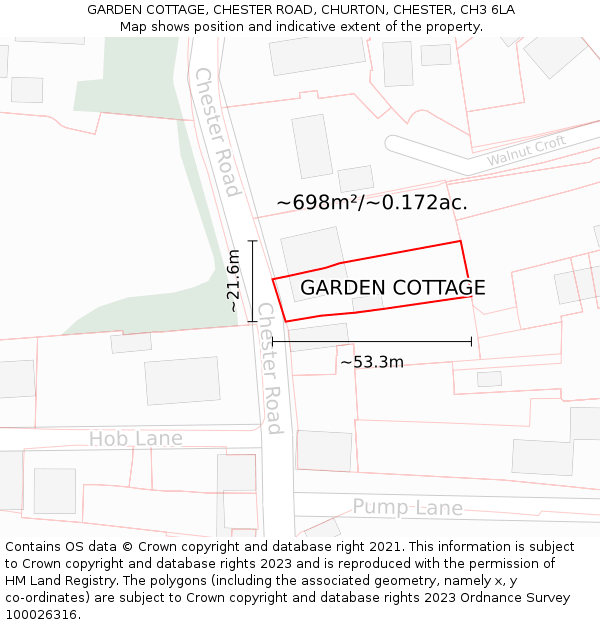 GARDEN COTTAGE, CHESTER ROAD, CHURTON, CHESTER, CH3 6LA: Plot and title map