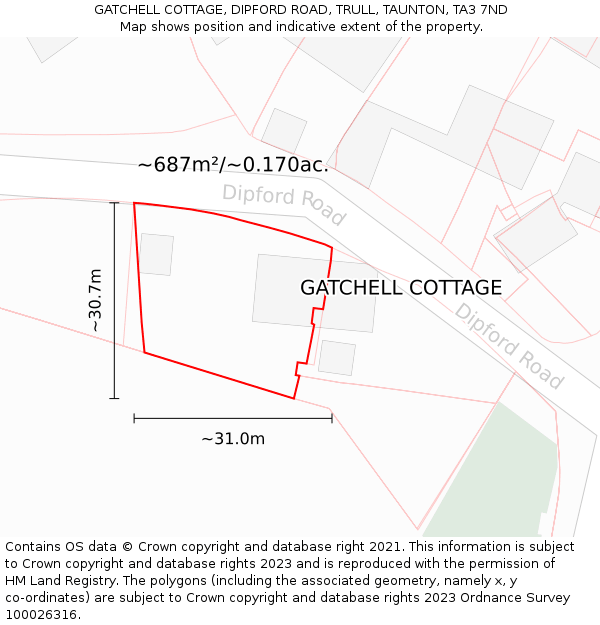 GATCHELL COTTAGE, DIPFORD ROAD, TRULL, TAUNTON, TA3 7ND: Plot and title map