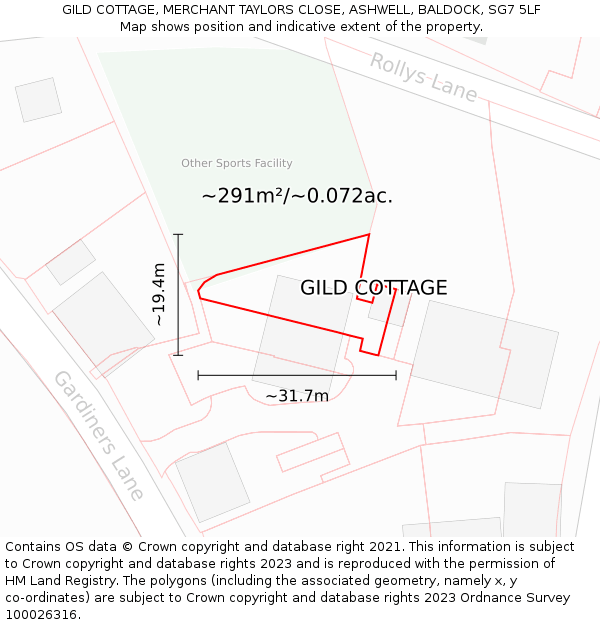 GILD COTTAGE, MERCHANT TAYLORS CLOSE, ASHWELL, BALDOCK, SG7 5LF: Plot and title map