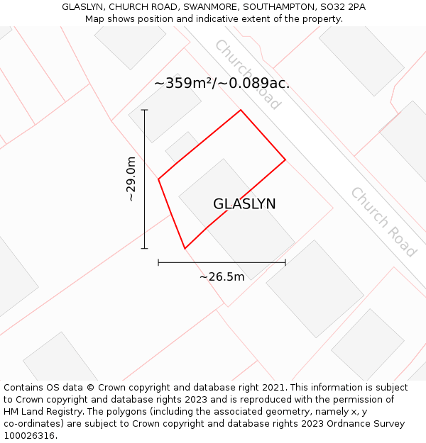 GLASLYN, CHURCH ROAD, SWANMORE, SOUTHAMPTON, SO32 2PA: Plot and title map