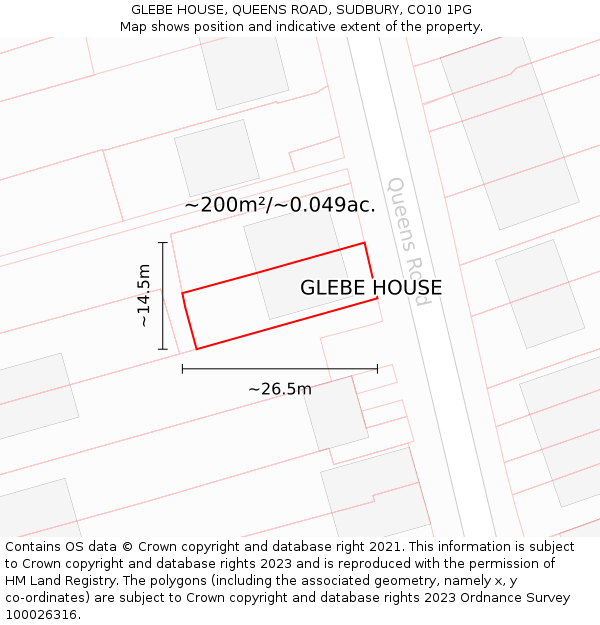 GLEBE HOUSE, QUEENS ROAD, SUDBURY, CO10 1PG: Plot and title map