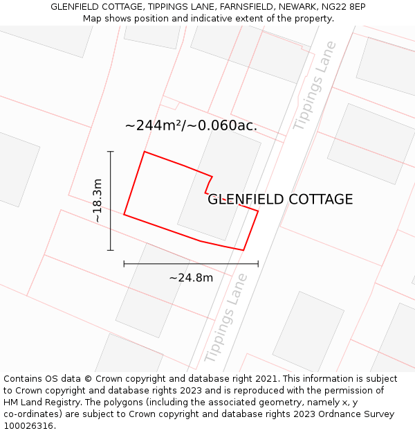 GLENFIELD COTTAGE, TIPPINGS LANE, FARNSFIELD, NEWARK, NG22 8EP: Plot and title map