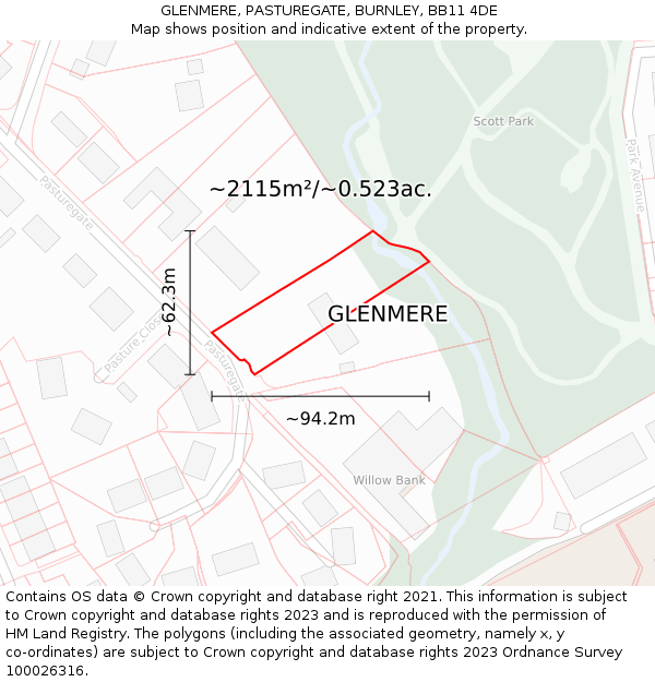GLENMERE, PASTUREGATE, BURNLEY, BB11 4DE: Plot and title map