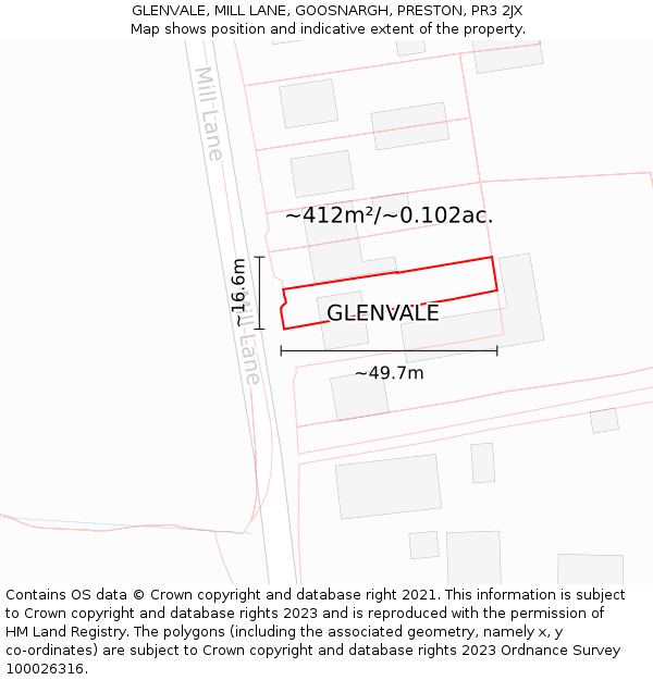 GLENVALE, MILL LANE, GOOSNARGH, PRESTON, PR3 2JX: Plot and title map