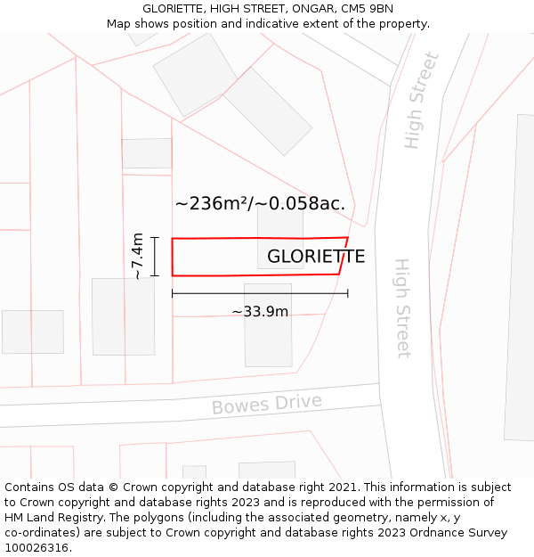 GLORIETTE, HIGH STREET, ONGAR, CM5 9BN: Plot and title map