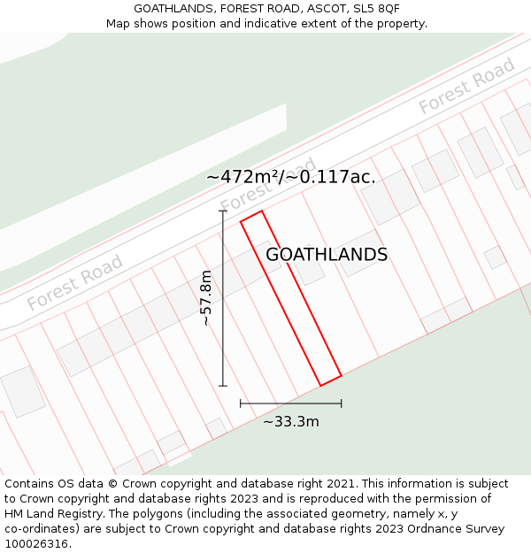 GOATHLANDS, FOREST ROAD, ASCOT, SL5 8QF: Plot and title map