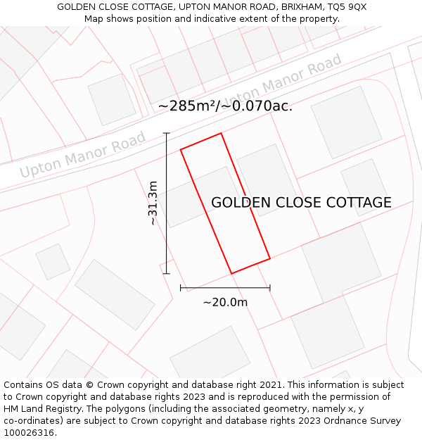 GOLDEN CLOSE COTTAGE, UPTON MANOR ROAD, BRIXHAM, TQ5 9QX: Plot and title map