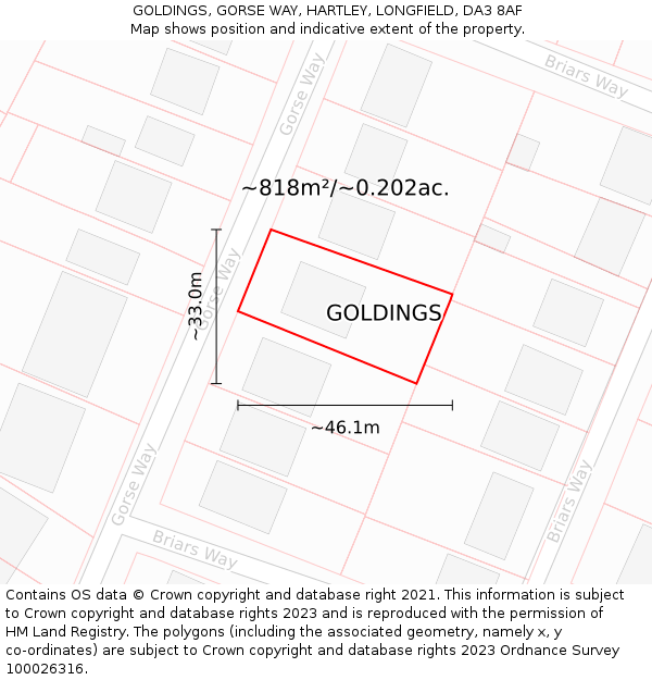GOLDINGS, GORSE WAY, HARTLEY, LONGFIELD, DA3 8AF: Plot and title map