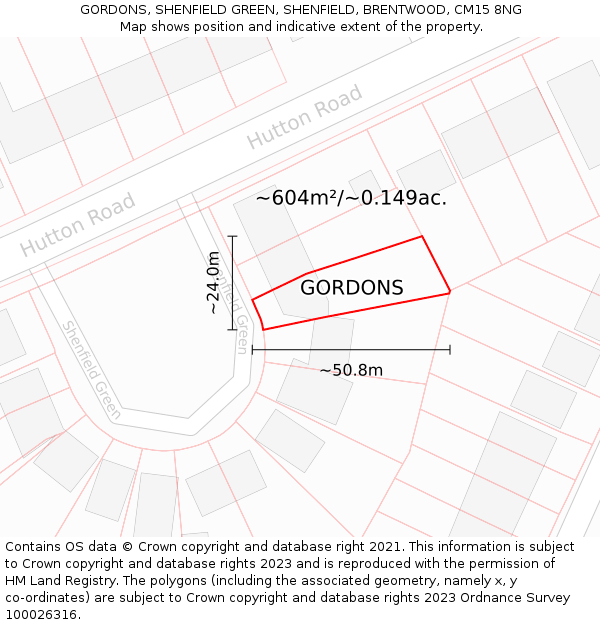 GORDONS, SHENFIELD GREEN, SHENFIELD, BRENTWOOD, CM15 8NG: Plot and title map