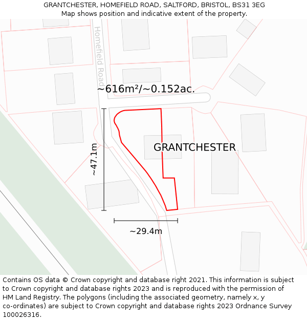 GRANTCHESTER, HOMEFIELD ROAD, SALTFORD, BRISTOL, BS31 3EG: Plot and title map