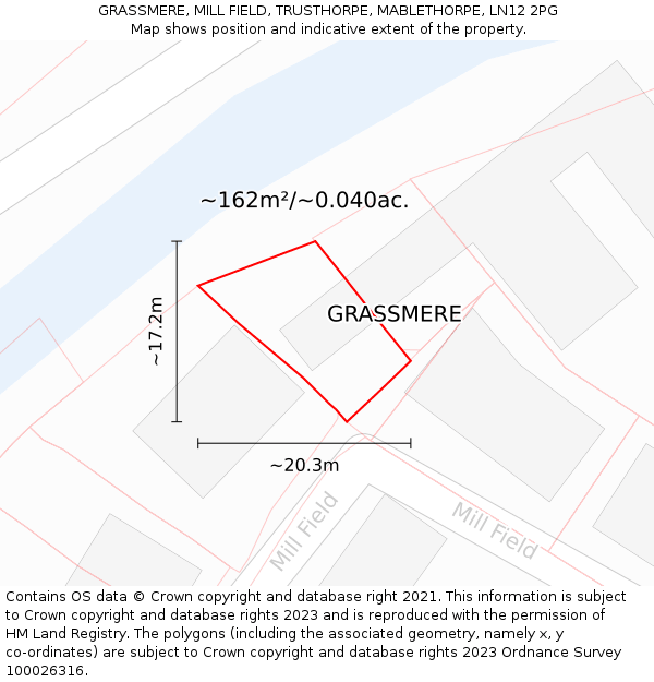 GRASSMERE, MILL FIELD, TRUSTHORPE, MABLETHORPE, LN12 2PG: Plot and title map