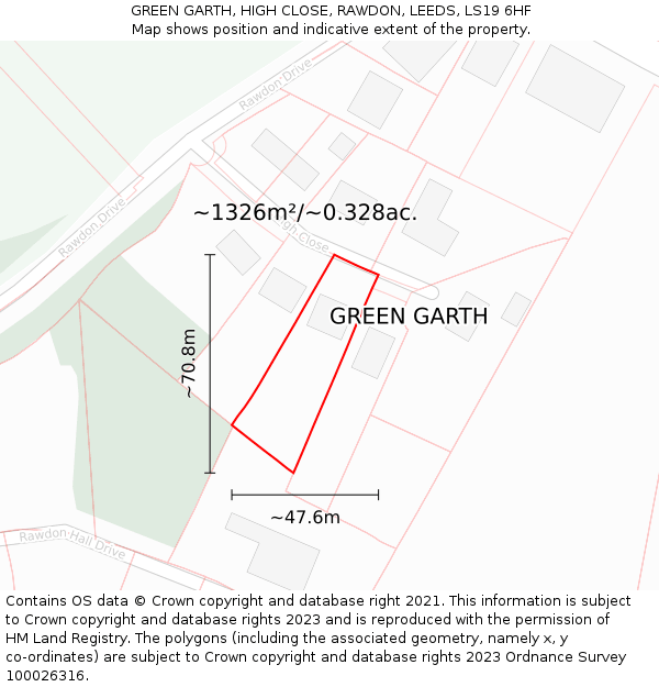 GREEN GARTH, HIGH CLOSE, RAWDON, LEEDS, LS19 6HF: Plot and title map