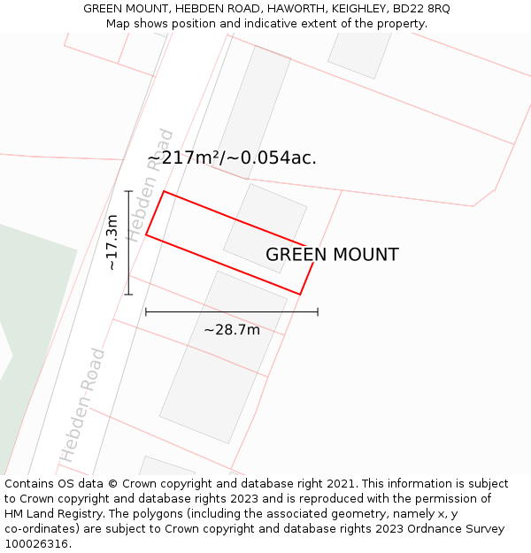 GREEN MOUNT, HEBDEN ROAD, HAWORTH, KEIGHLEY, BD22 8RQ: Plot and title map