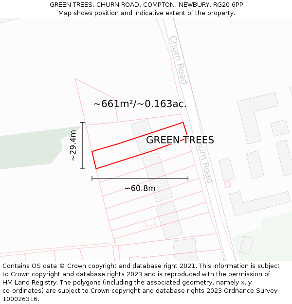 GREEN TREES, CHURN ROAD, COMPTON, NEWBURY, RG20 6PP: Plot and title map