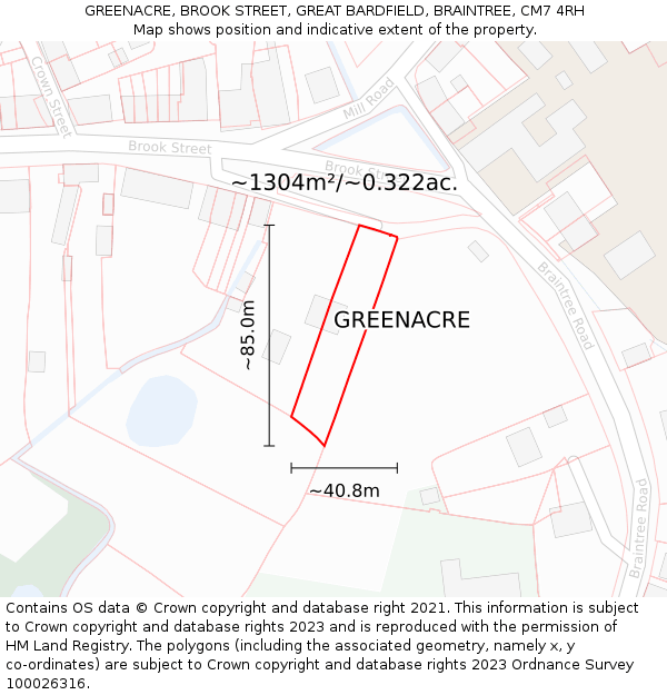 GREENACRE, BROOK STREET, GREAT BARDFIELD, BRAINTREE, CM7 4RH: Plot and title map