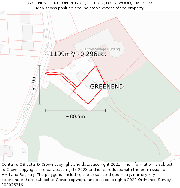 GREENEND, HUTTON VILLAGE, HUTTON, BRENTWOOD, CM13 1RX: Plot and title map