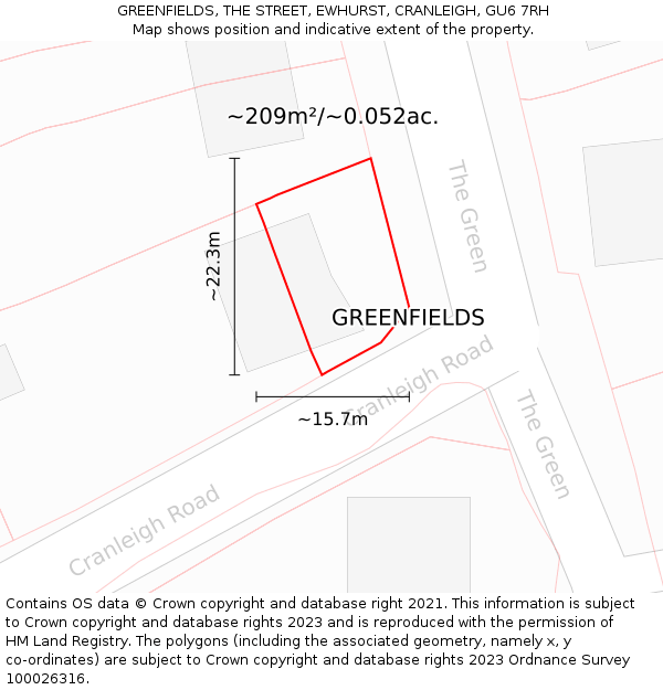 GREENFIELDS, THE STREET, EWHURST, CRANLEIGH, GU6 7RH: Plot and title map