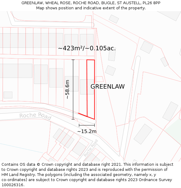 GREENLAW, WHEAL ROSE, ROCHE ROAD, BUGLE, ST AUSTELL, PL26 8PP: Plot and title map