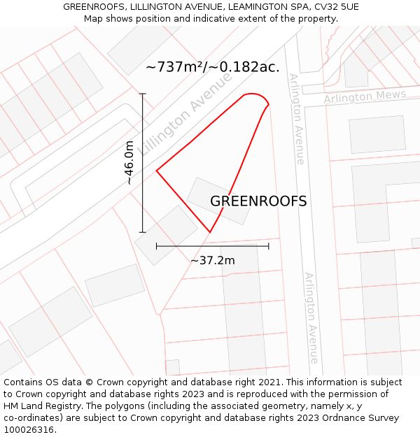 GREENROOFS, LILLINGTON AVENUE, LEAMINGTON SPA, CV32 5UE: Plot and title map