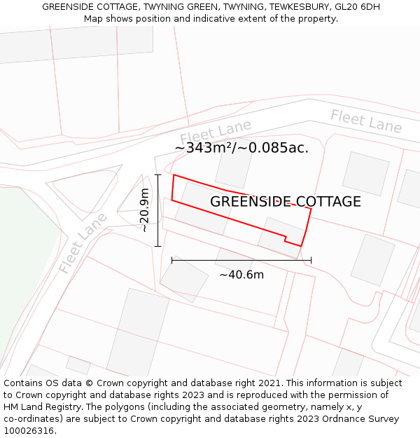 GREENSIDE COTTAGE, TWYNING GREEN, TWYNING, TEWKESBURY, GL20 6DH: Plot and title map